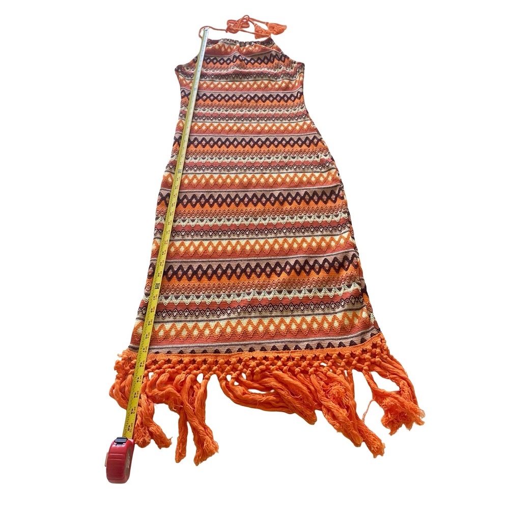 SHEIN Women Orange Geometric Knit Halter Midi Dress Fringe Hem Boho Size Medium - Picture 5 of 7